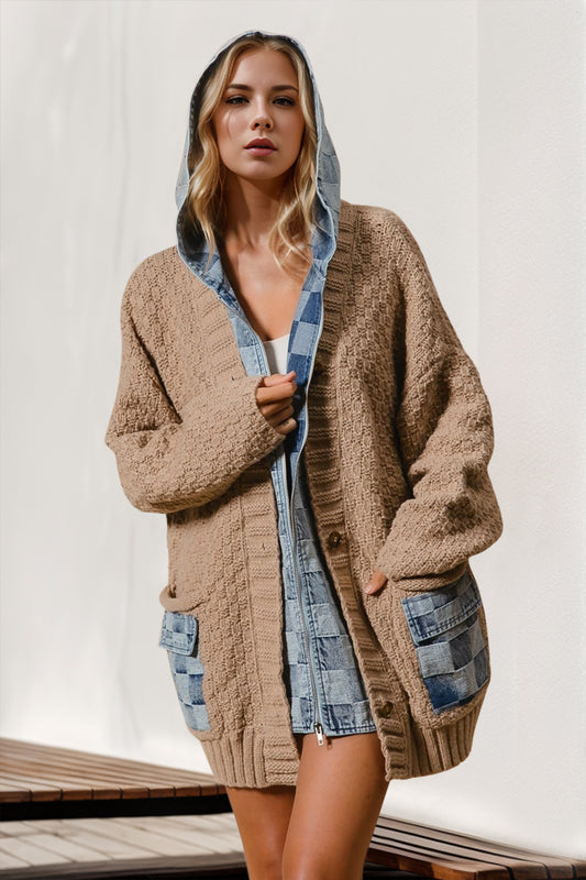 Double Take Full Size Hooded Denim Spliced Sweater Cardigan - 3 Colors