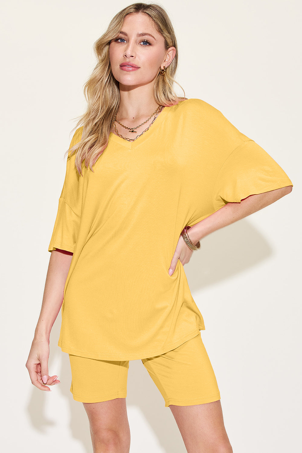 Basic Bae Bamboo Full Size  V-Neck Drop Shoulder T-Shirt and Shorts Set - 5 Colors - Shop All Around Divas