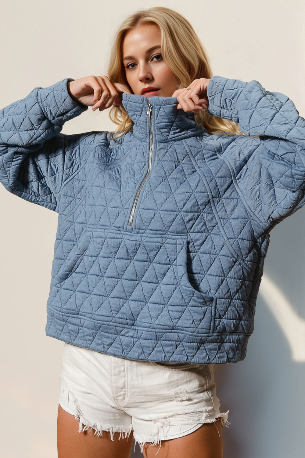 Double Take Half Zip Long Sleeve Quilted Sweatshirt with Pocket - 5 Colors