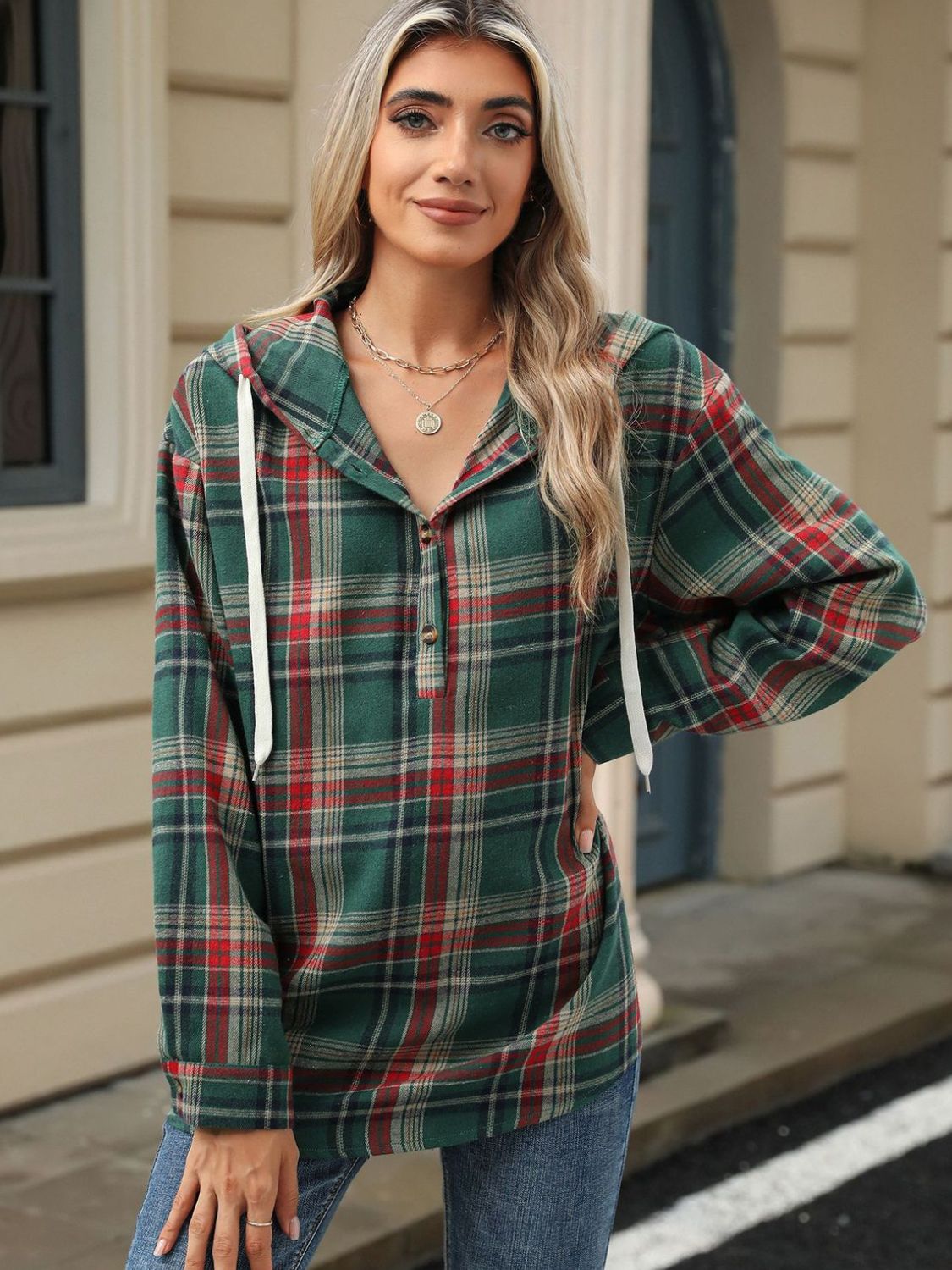 Drawstring Plaid Hooded Long Sleeve Top - 3 Colors