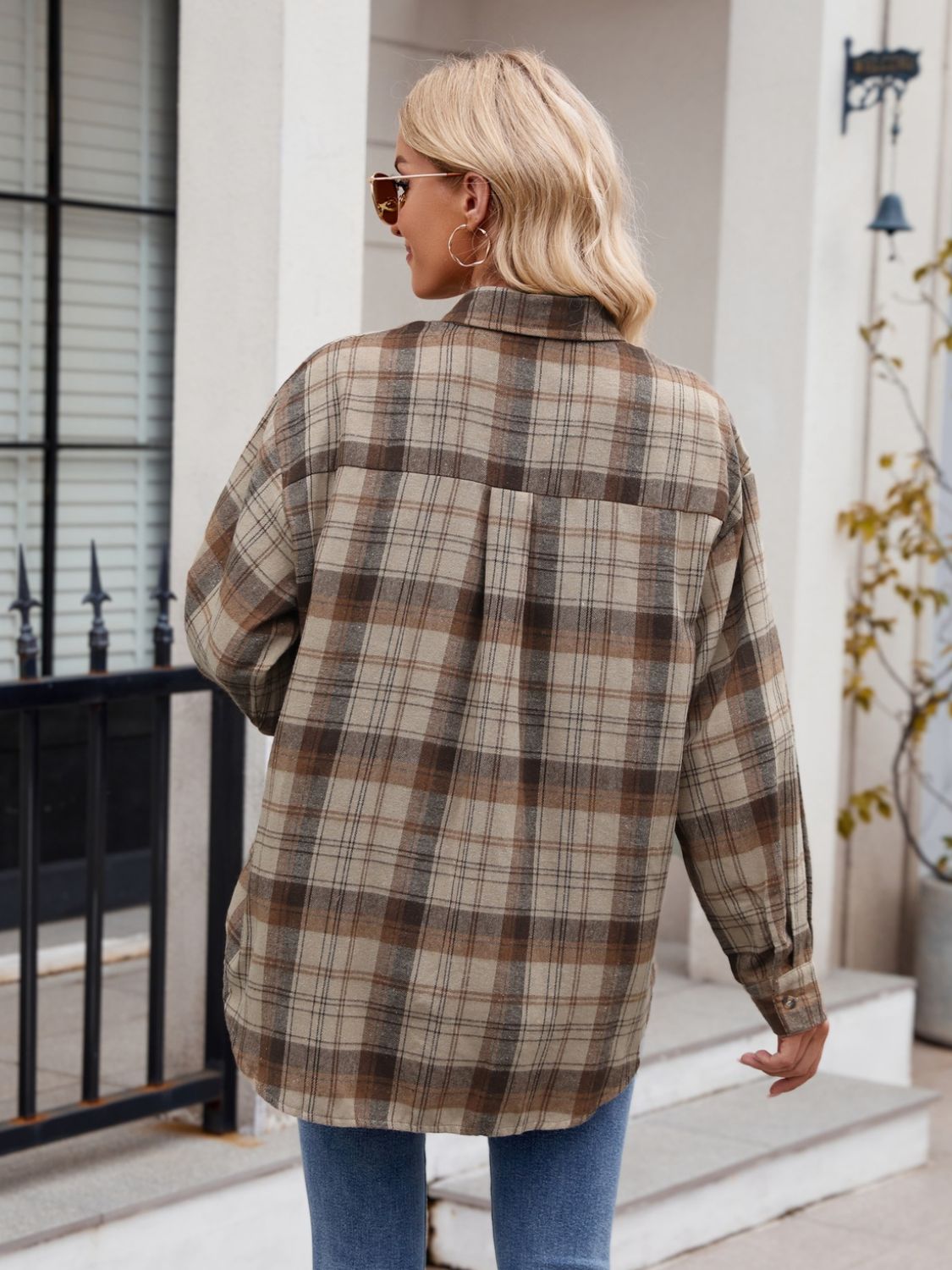 Pocketed Plaid Collared Neck Long Sleeve Shirt- 6 Styles Trendsi