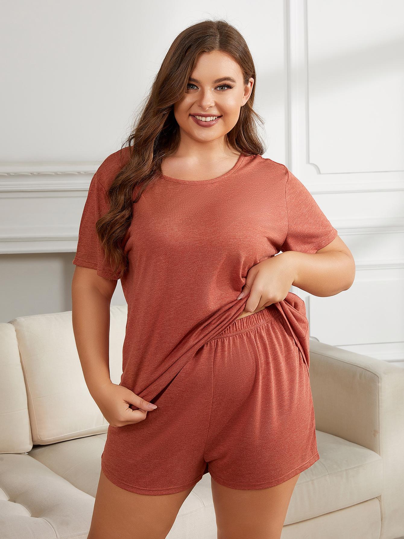 Plus Size Round Neck Short Sleeve Two-Piece Loungewear Set - 2 Colors - Shop All Around Divas