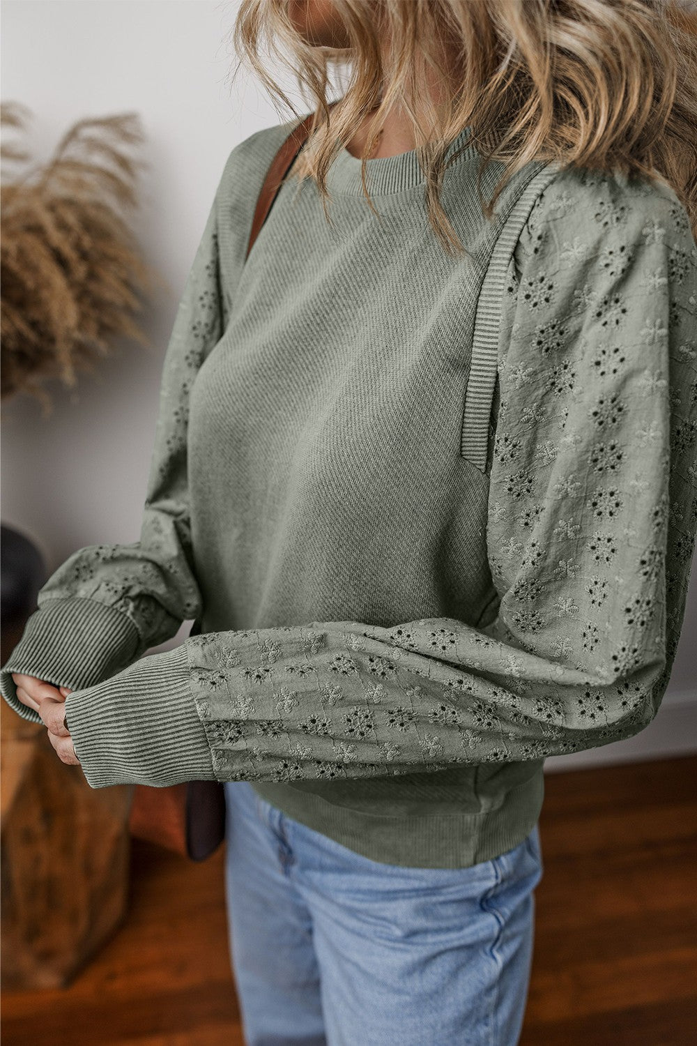 Eyelet Round Neck Long Sleeve Sweatshirt - 5 colors Trendsi
