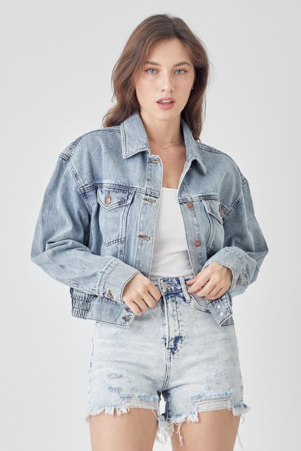 RISEN Full Size Button Down Cropped Denim Jacket - Shop All Around Divas