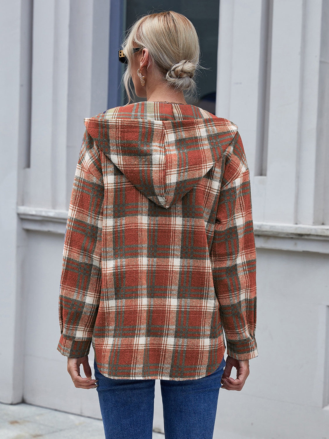 Plaid Button Up Long Sleeve Hooded Jacket Trendsi