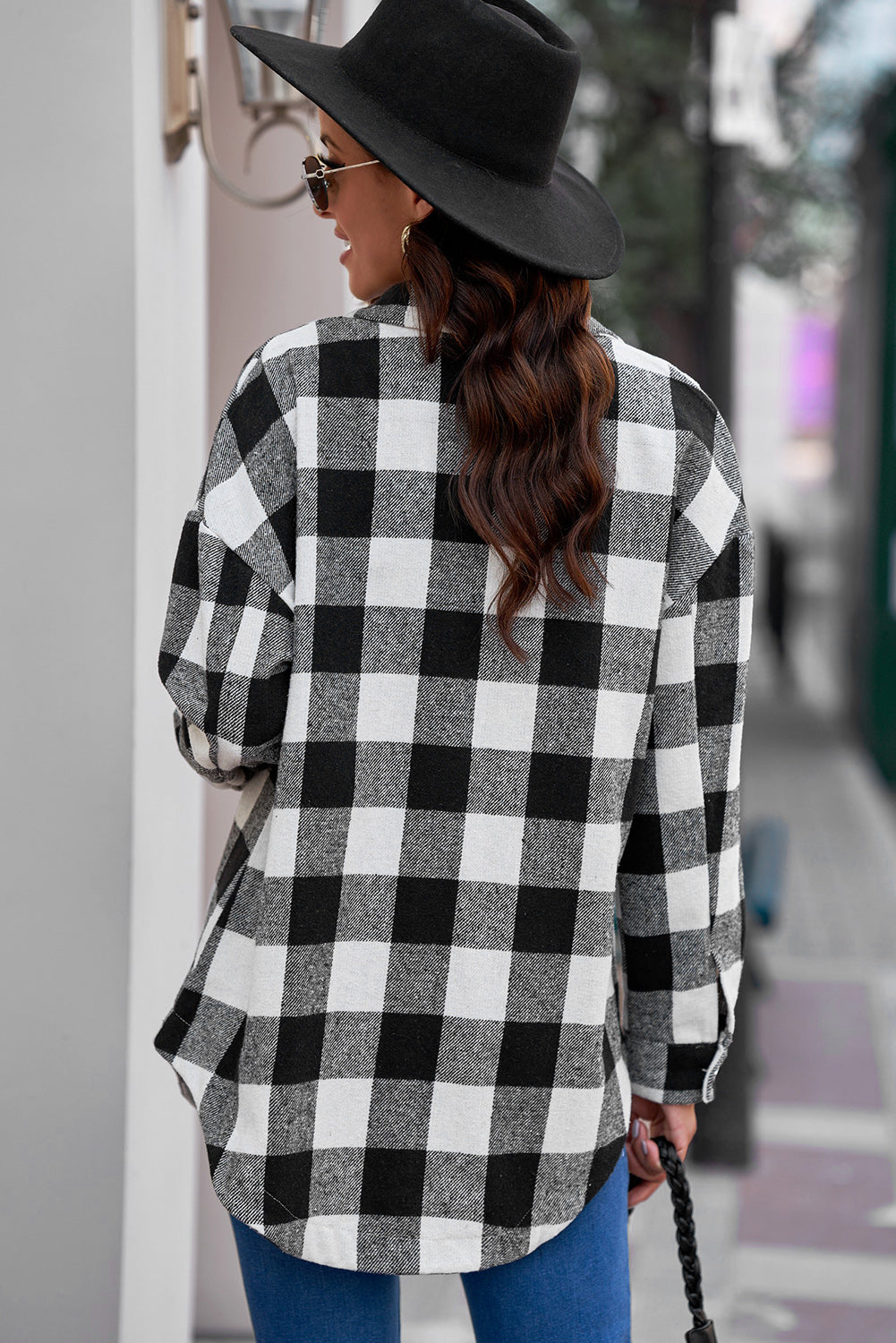 Plaid Curved Hem Dropped Shoulder Longline Shirt Jacket - Multiple Colors