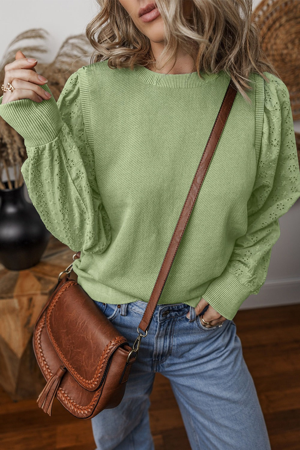 Eyelet Round Neck Long Sleeve Sweatshirt - 5 colors Trendsi