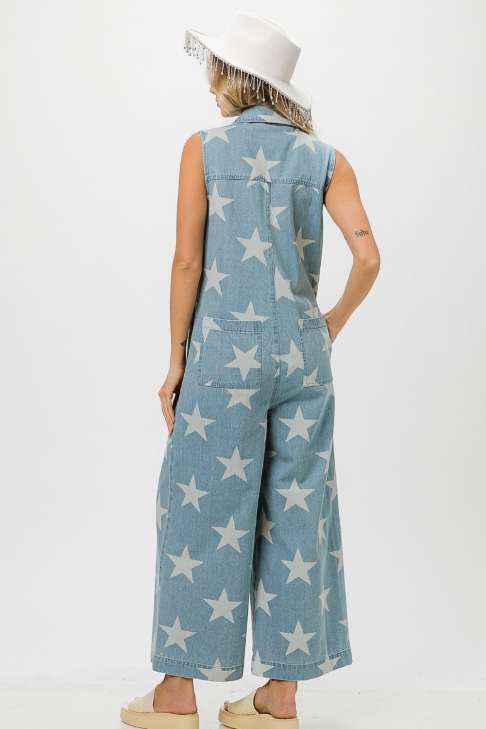 BiBi Star Print Half Zip Sleeveless Denim Jumpsuit Trendsi