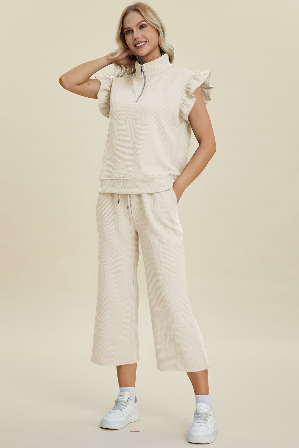 Double Take Texture Ruffle Short Sleeve Top and Wide Leg Pants Set - 5 Colors Trendsi