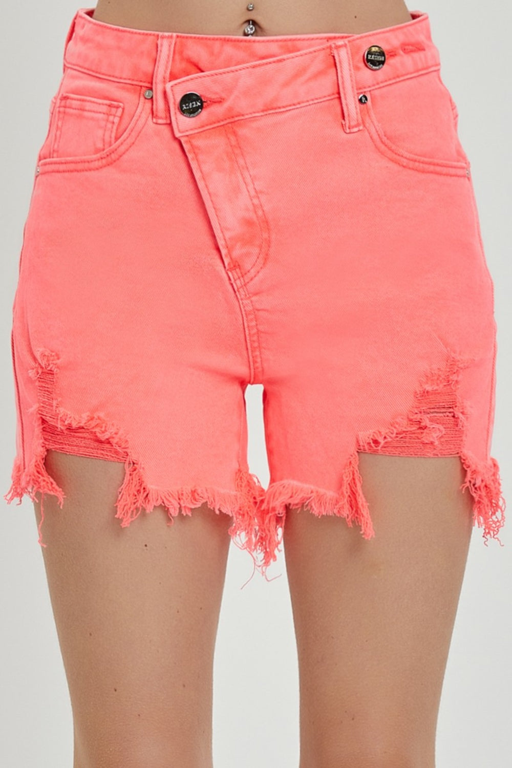 RISEN Raw Hem Asymmetrical Waist Denim Shorts - Shop All Around Divas