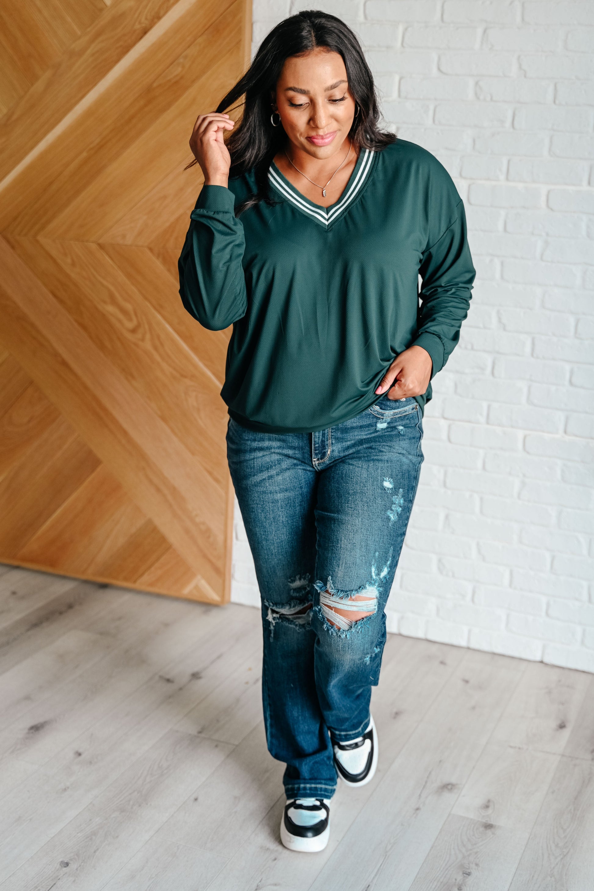 All Out Comfort V-Neck Pullover in Midnight Green Ave Shops