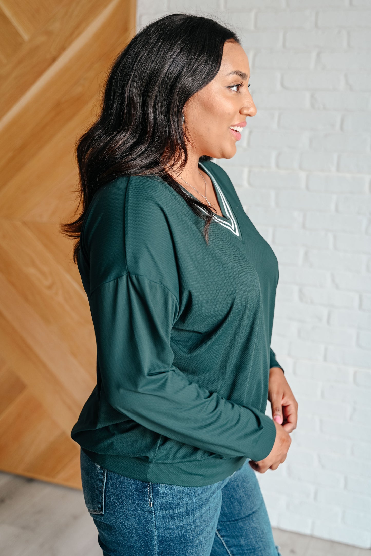 All Out Comfort V-Neck Pullover in Midnight Green Ave Shops