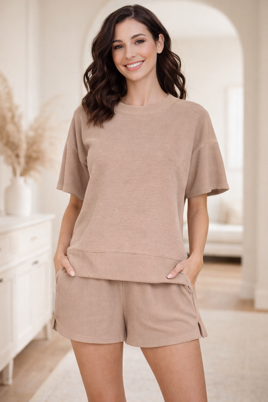 Zenana Ribbed Round Neck Waist Banded Tee & Shorts Set