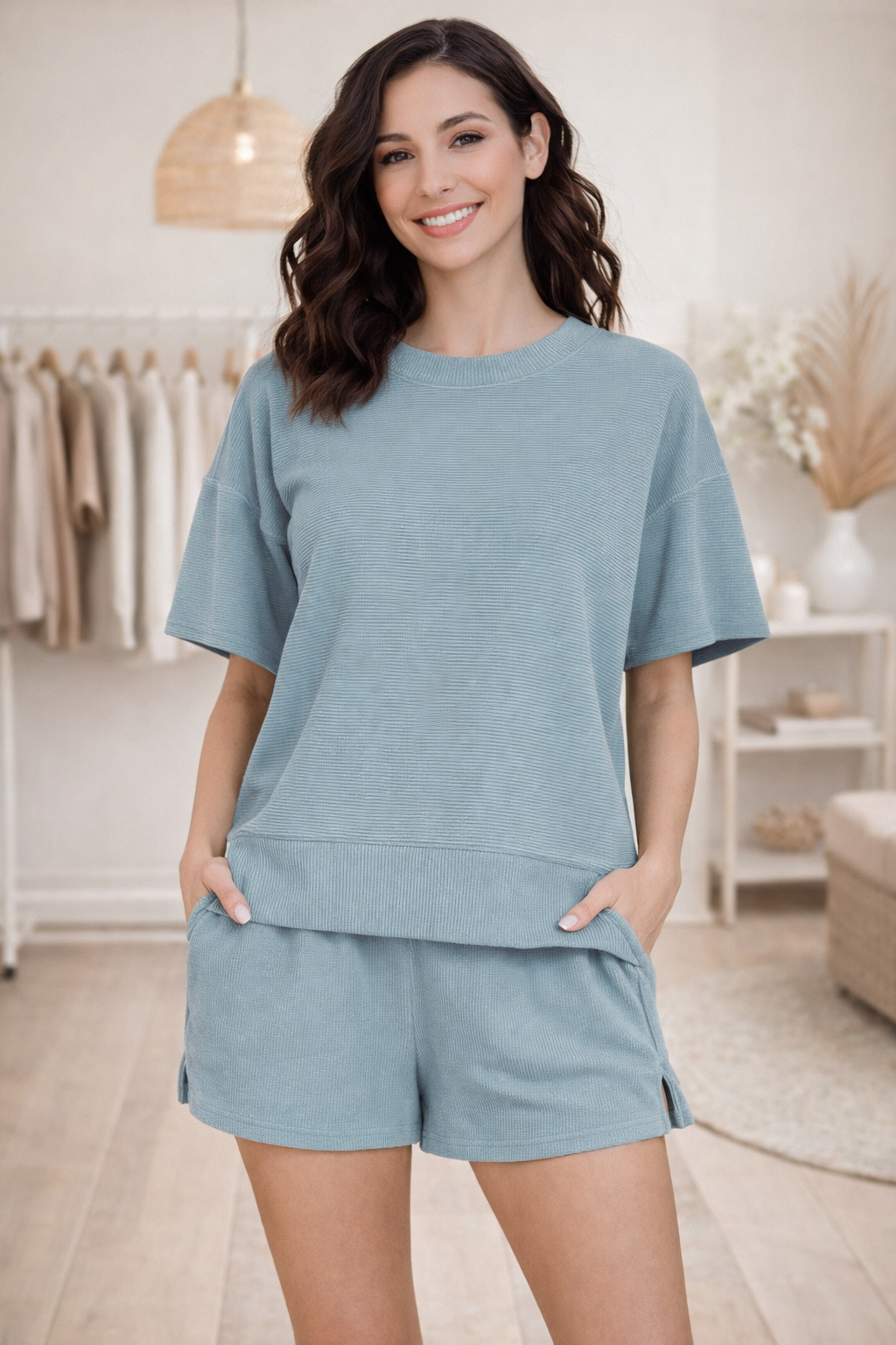Zenana Ribbed Round Neck Waist Banded Tee & Shorts Set