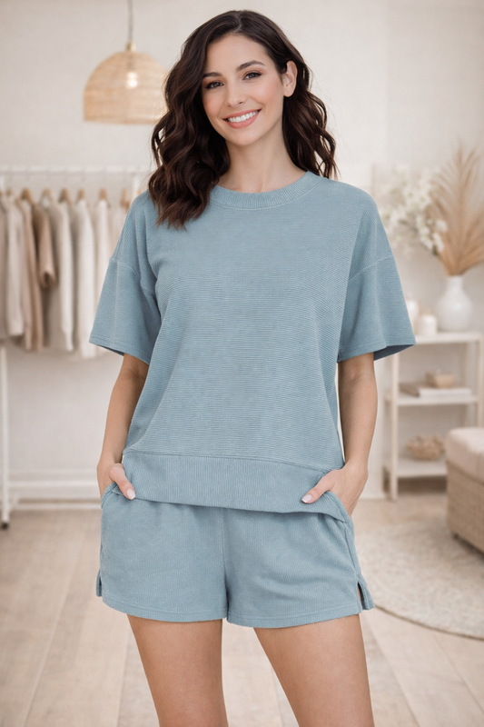 Zenana Ribbed Round Neck Waist Banded Tee & Shorts Set
