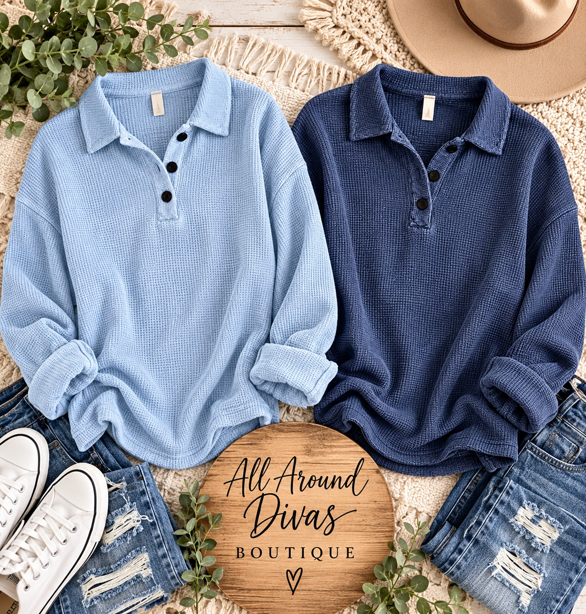Fall Favorite Waffle Knit Dropped Shoulder Polo Top