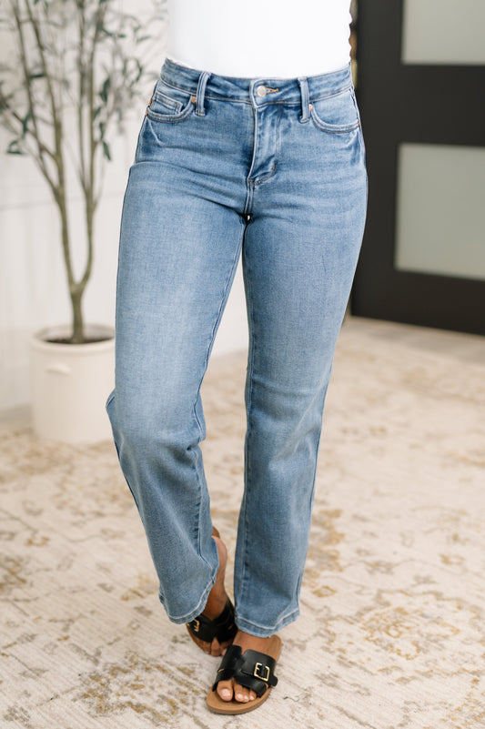 Corrine Mid Rise Control Top Vintage Straight Jeans - JUDY BLUE