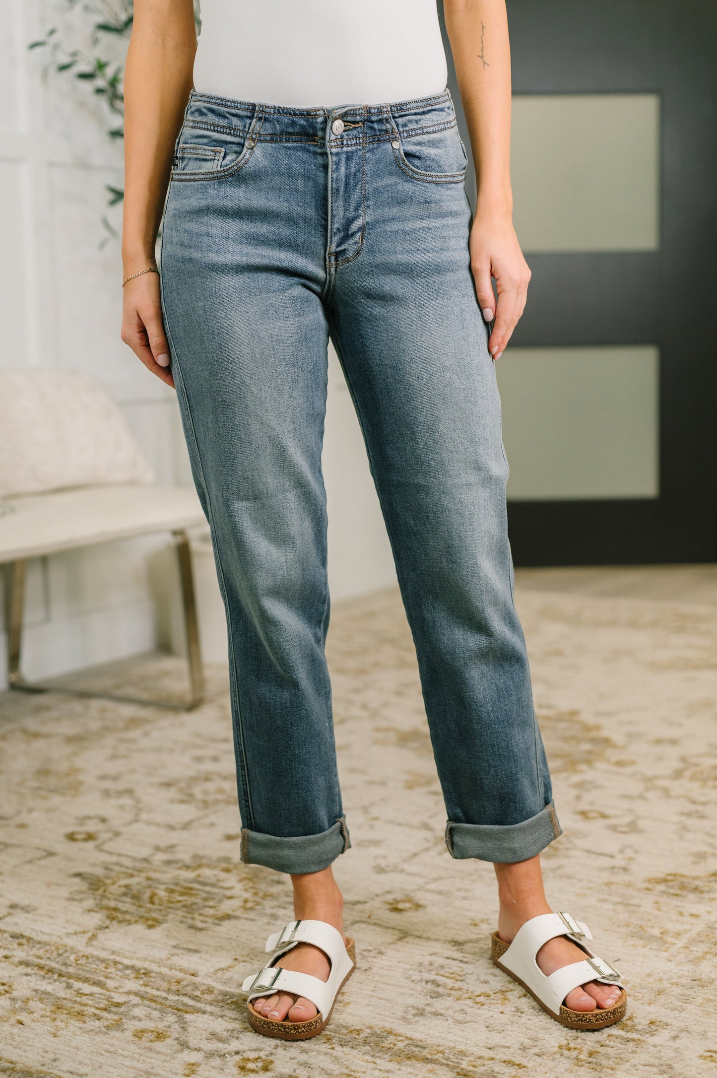 Doris Mid Rise Boyfriend with Adjustable Back Tab + Hollywood WB - JUDY BLUE