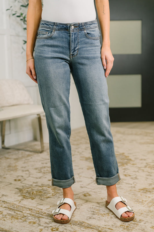 Doris Mid Rise Boyfriend with Adjustable Back Tab + Hollywood WB - JUDY BLUE