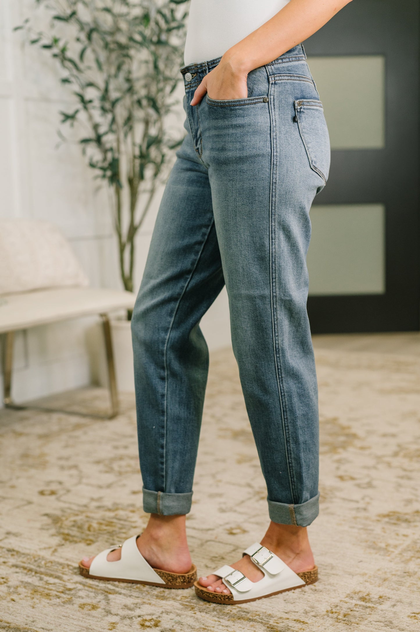 Doris Mid Rise Boyfriend with Adjustable Back Tab + Hollywood WB - JUDY BLUE