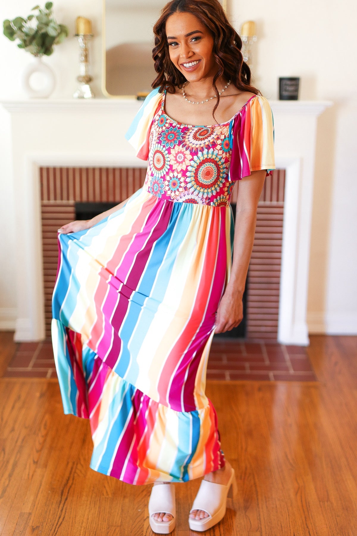 Feeling Bold Fuchsia & Teal Striped Medallion Crochet Print Dress Haptics