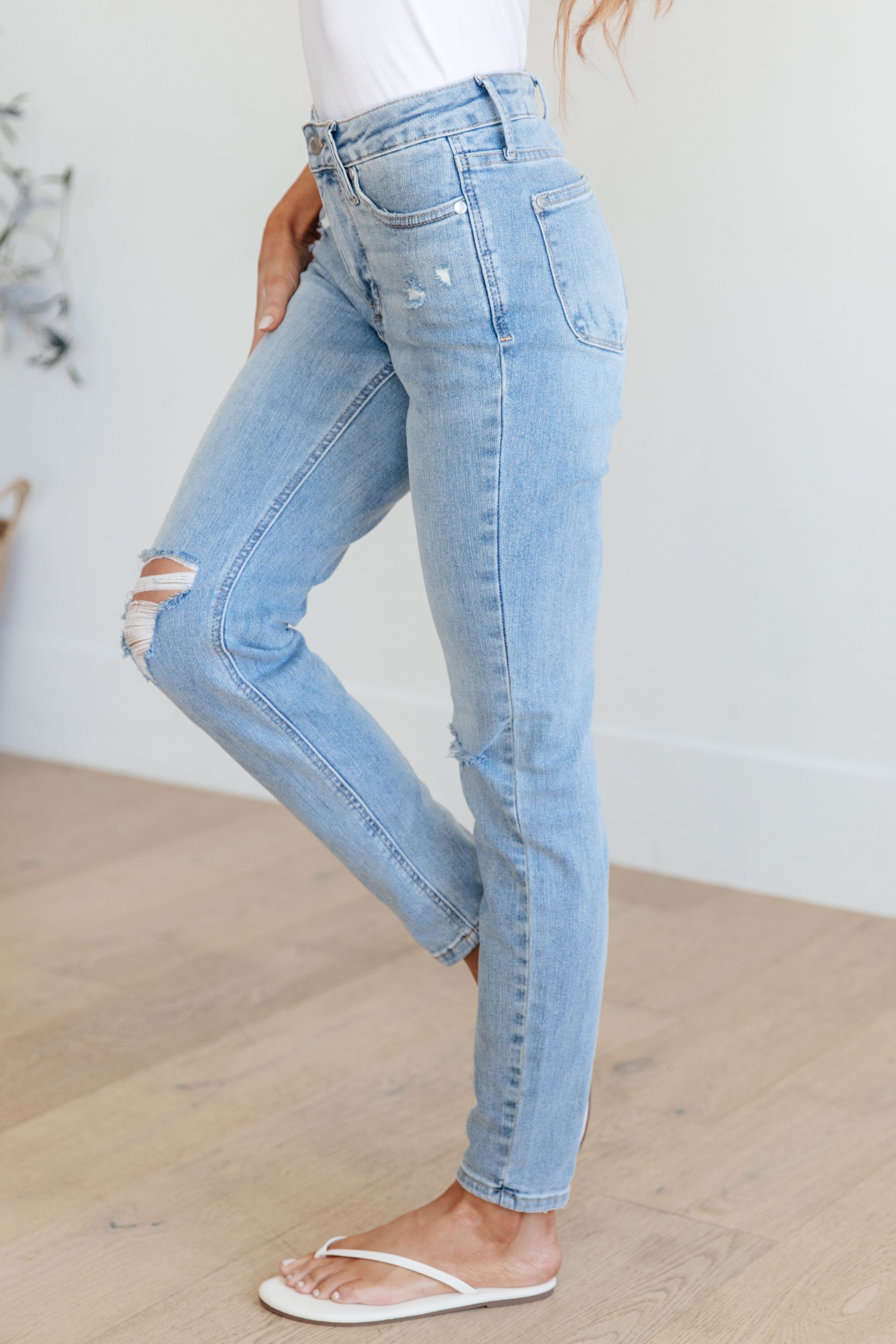 Eloise Mid Rise Control Top Distressed Skinny Jeans - JUDY BLUE - Shop All Around Divas