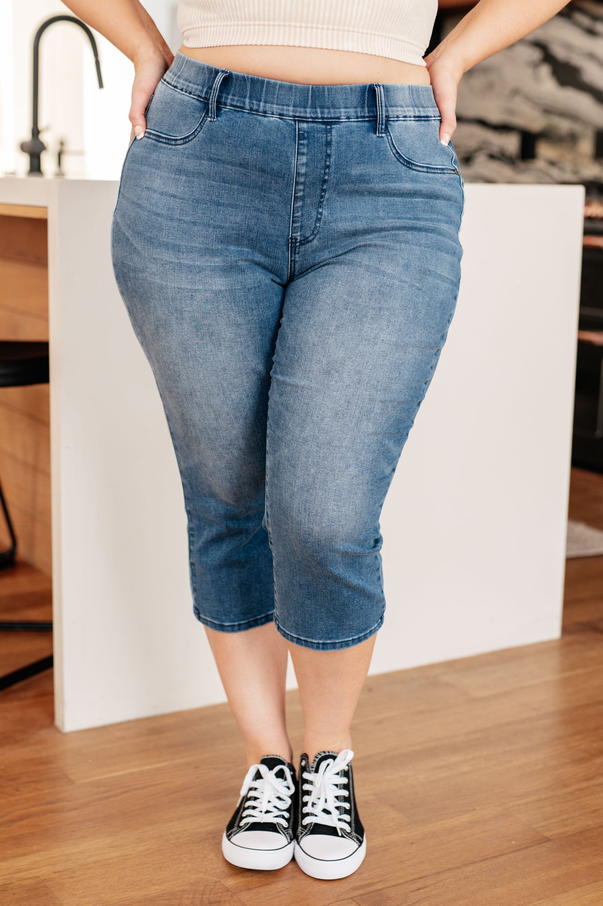 Emily High Rise Cool Denim Pull On Capri Jeans - JUDY BLUE - Shop All Around Divas