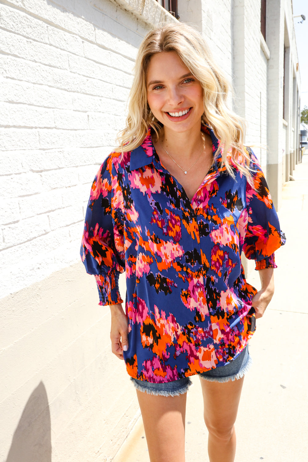 Dazzle in Cobalt Blue Abstract Print Button-Down Smocked Sleeve Blouse