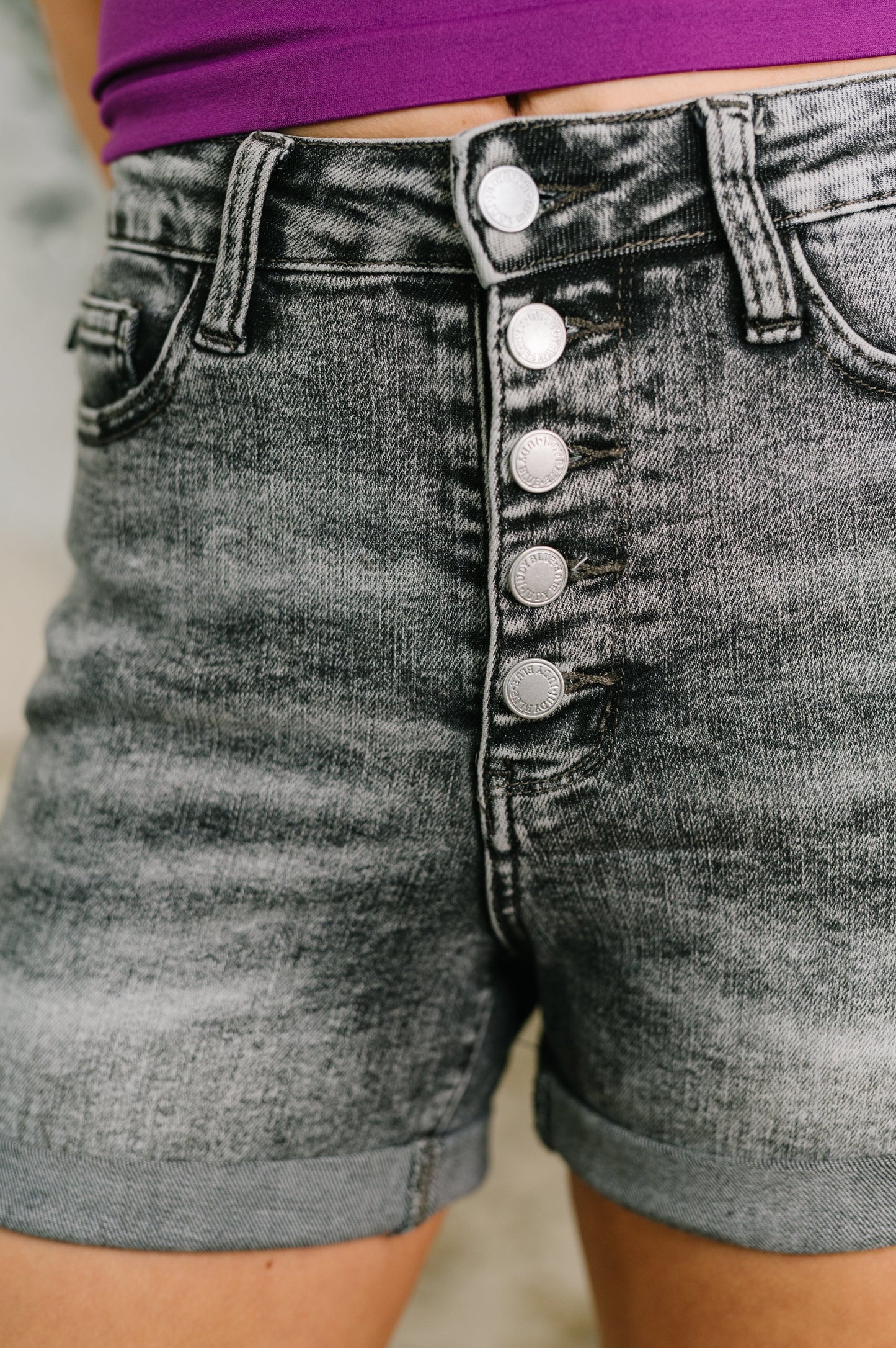 Greyson High Rise Button Fly Cuffed Shorts in Grey - JUDY BLUE