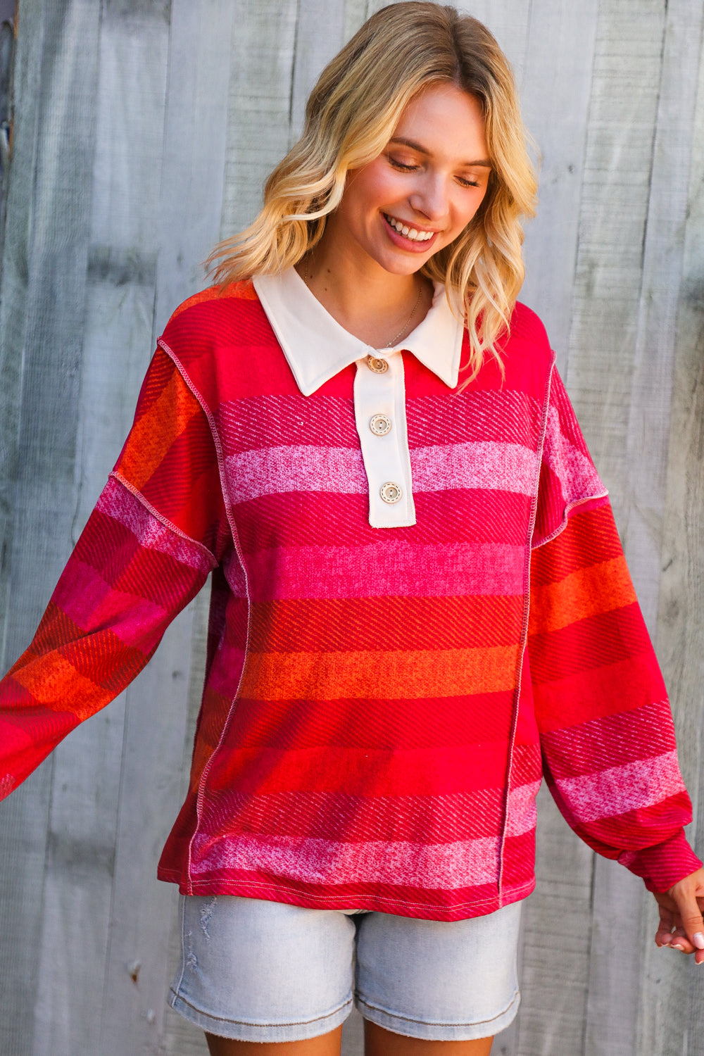 Berry Bright Days Striped Collared Reverse Seem Placket