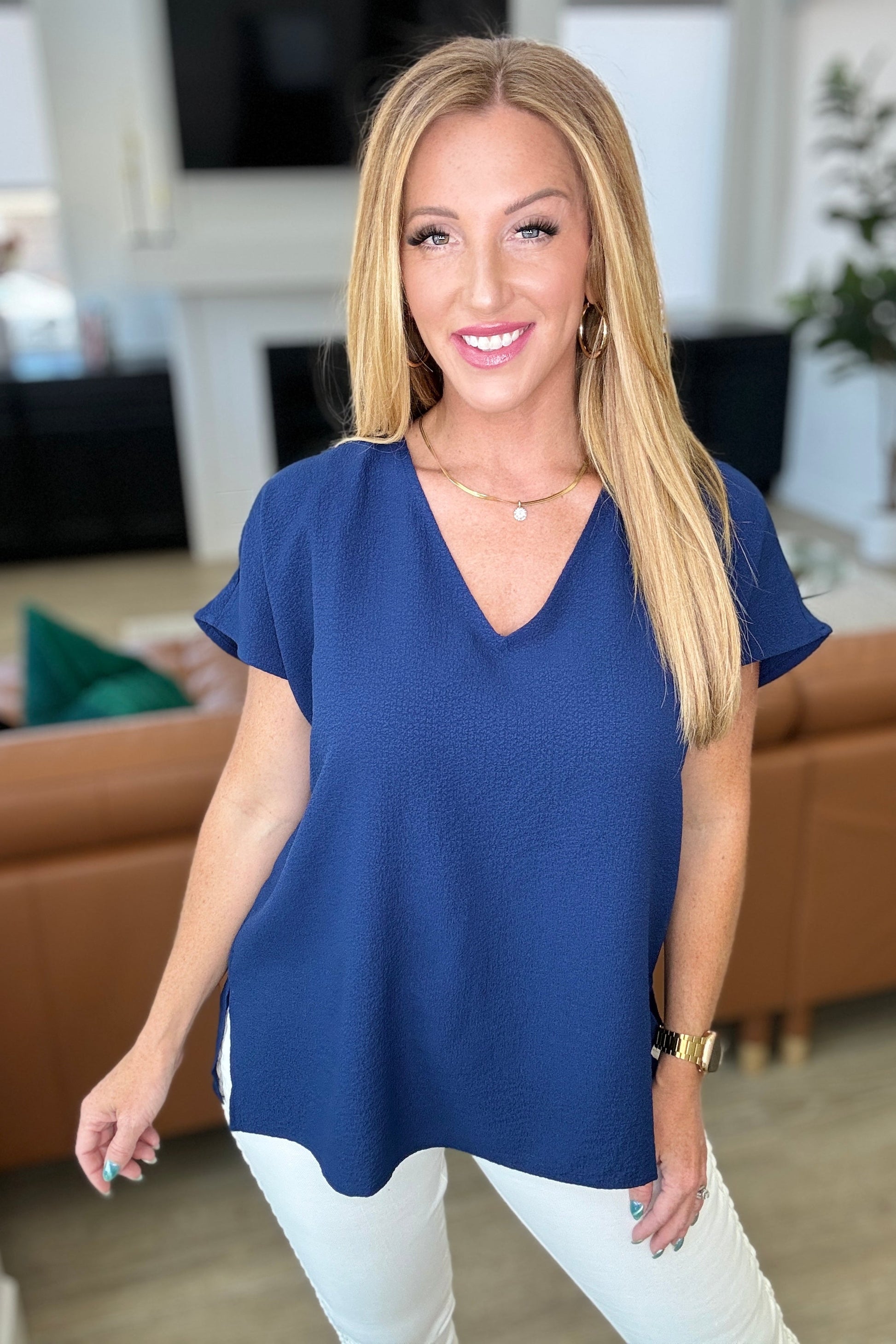 Let Me Be Your Wings V-Neck Top in Navy - Shop All Around Divas