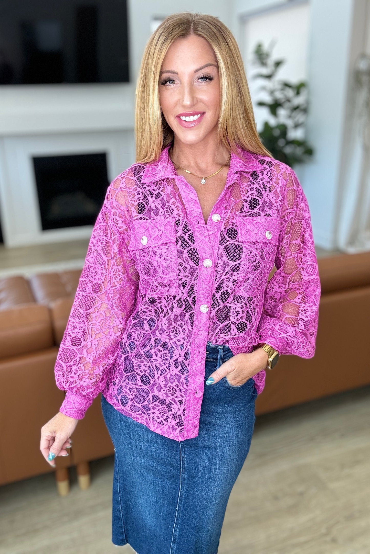 Stick Together Lace Button Up in Magenta - Shop All Around Divas