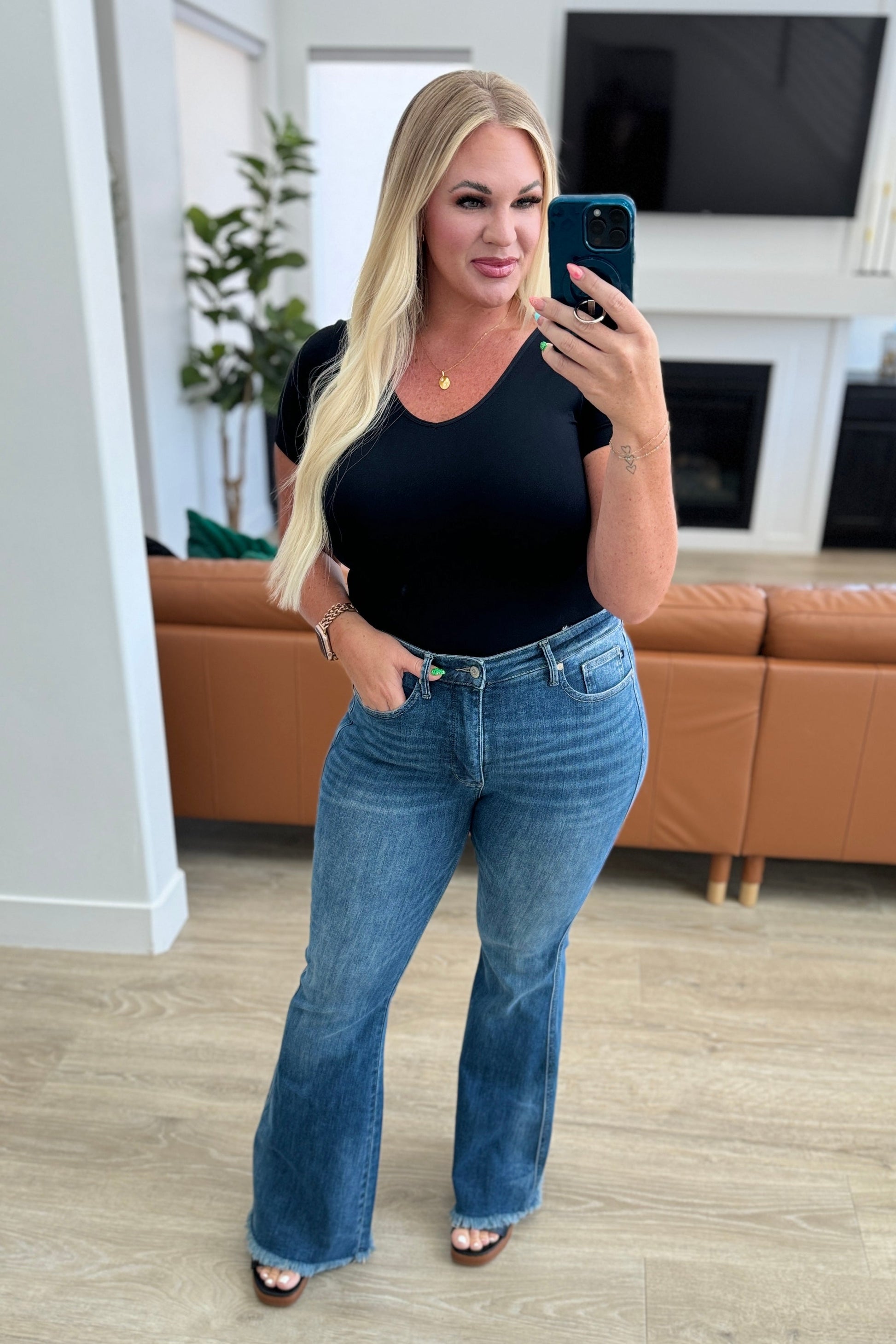 Miley High Waist Control Top Frayed Hem Flare Jeans - JUDY BLUE - Shop All Around Divas