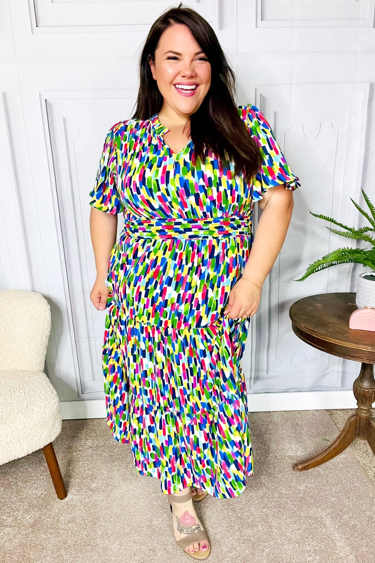 All For You Navy Multicolor Abstract Print Smocked Waist Maxi Dress