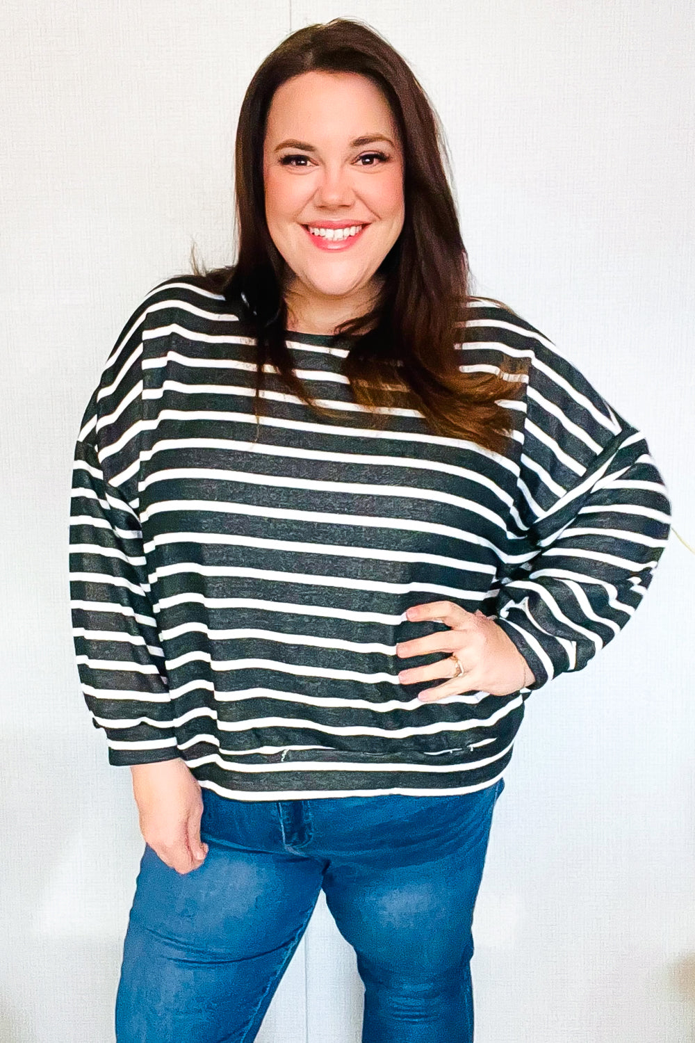 Look Striking Charcoal Stripe Terry Banded Dolman Pullover