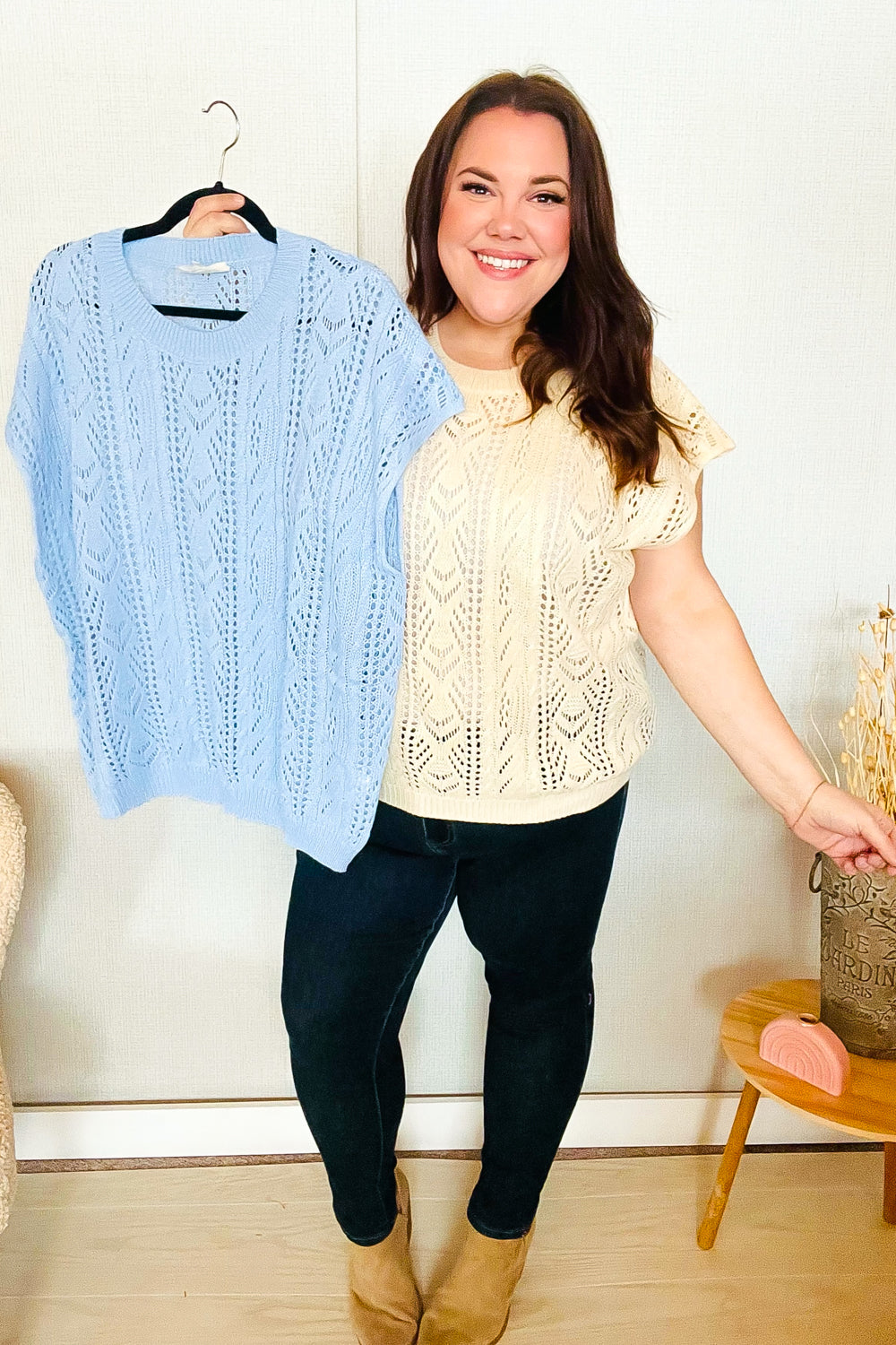 The Perfect Find Sky Blue Dolman Short Sleeve Crochet Sweater Top