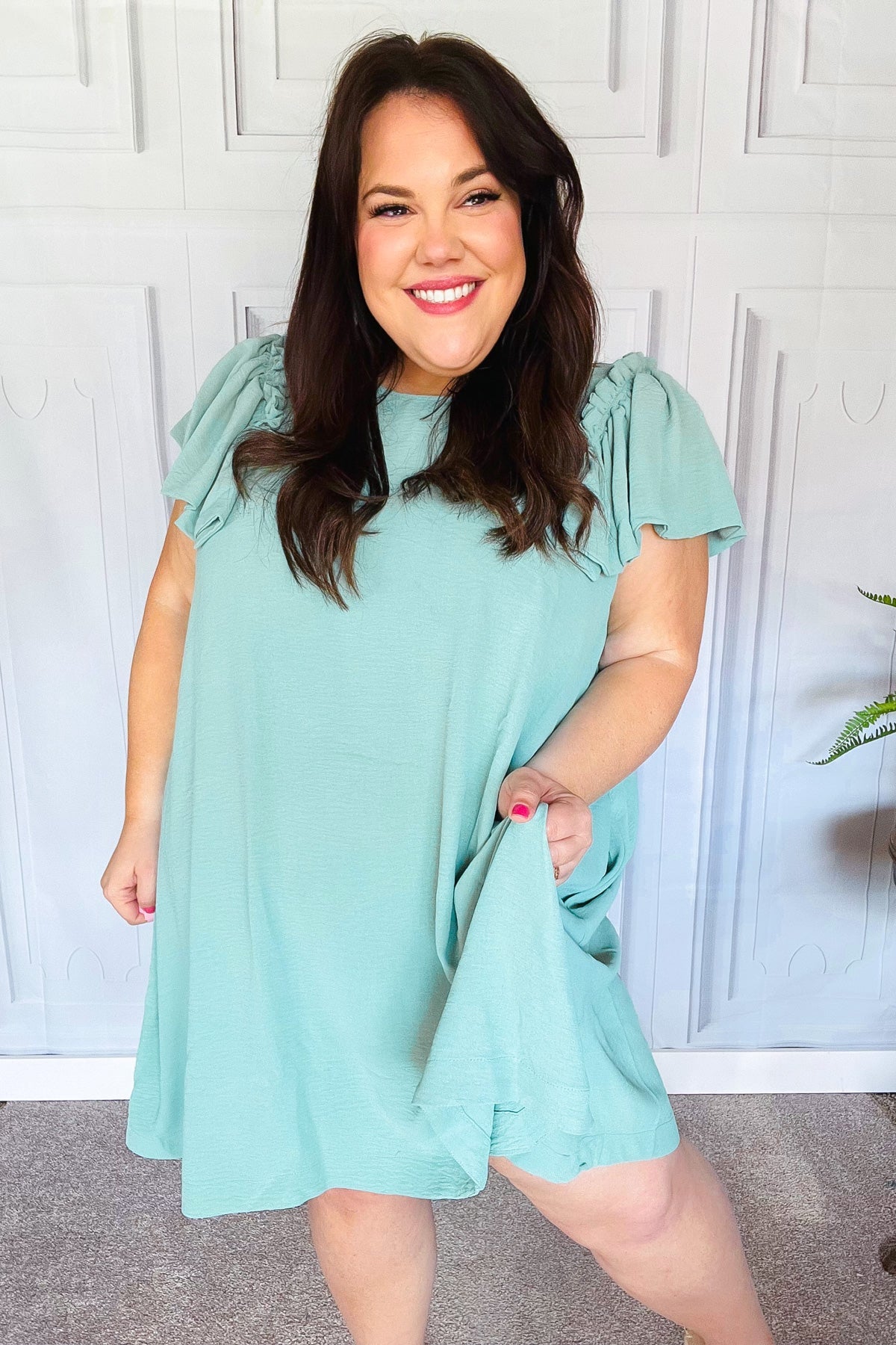 Out For The Day Sage Crinkle Woven Ruffle Sleeve Dress