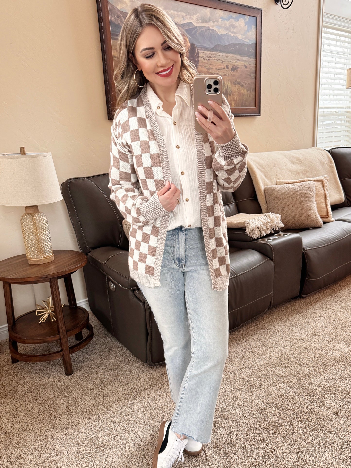 Greige & White Checkered Cardigan
