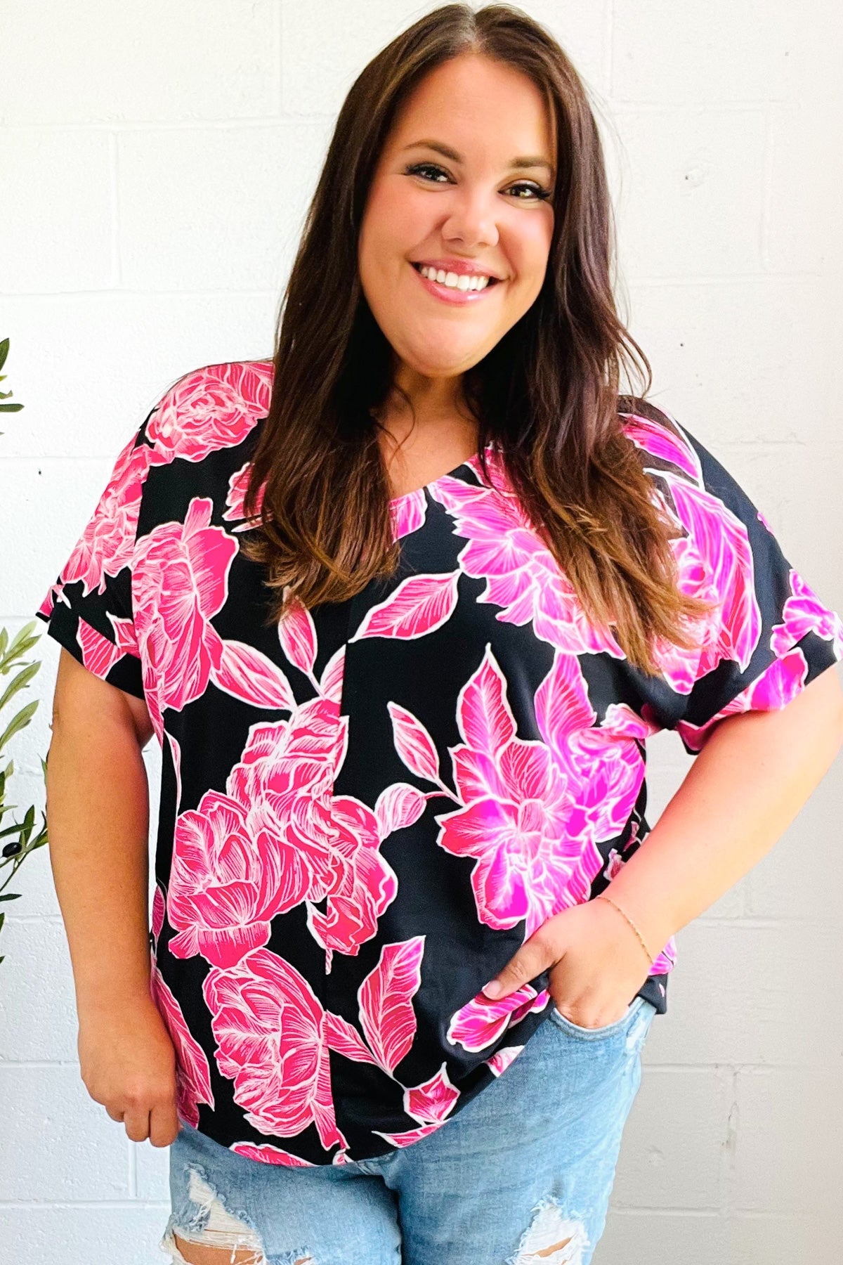 Tropical Vibes Black & Hot Pink Floral V Neck Top