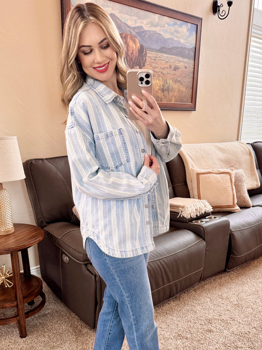 Pin Stripe Denim Shacket In Light Wash & White