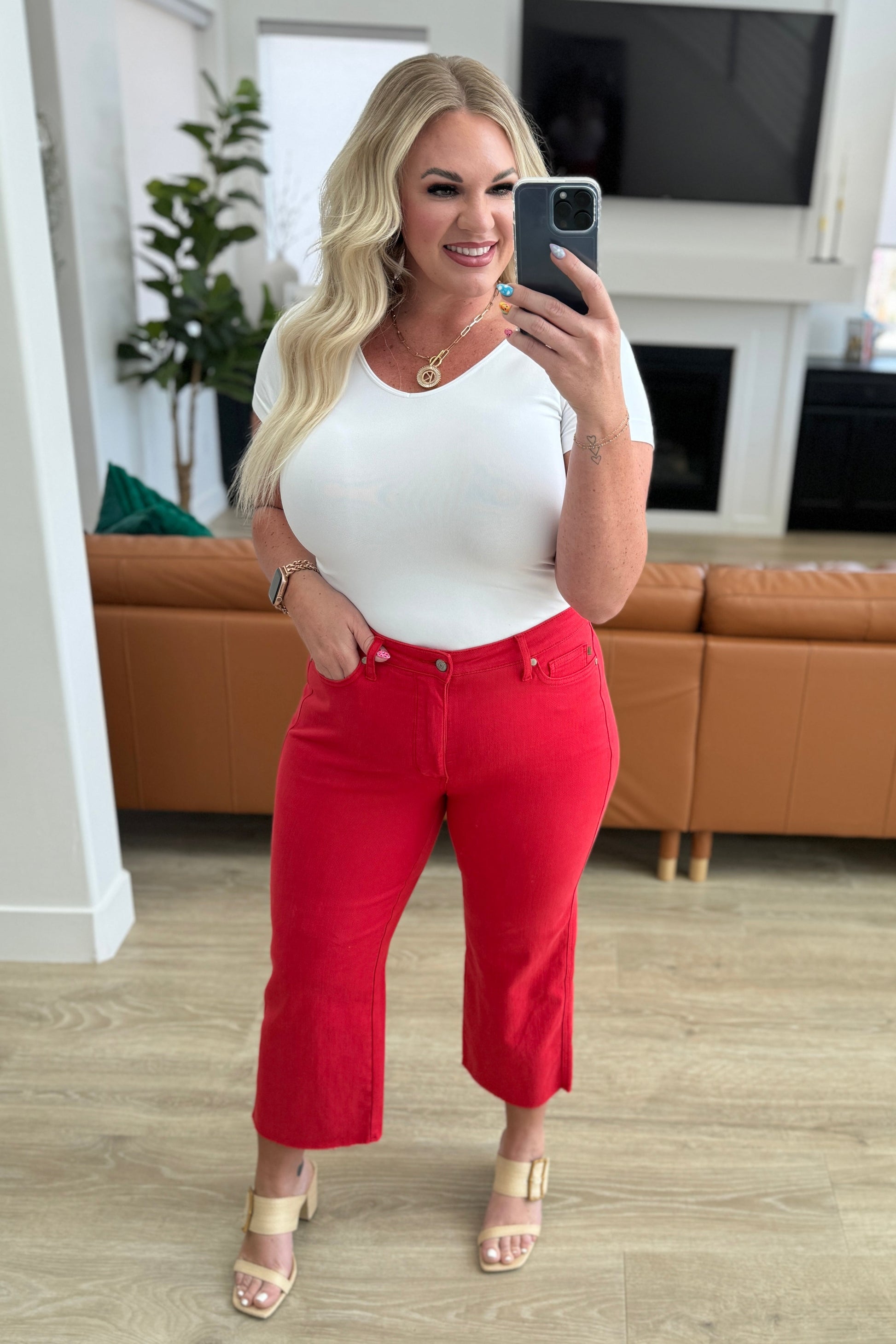 Lisa High Rise Control Top Wide Leg Crop Jeans in Red - JUDY BLUE - Shop All Around Divas