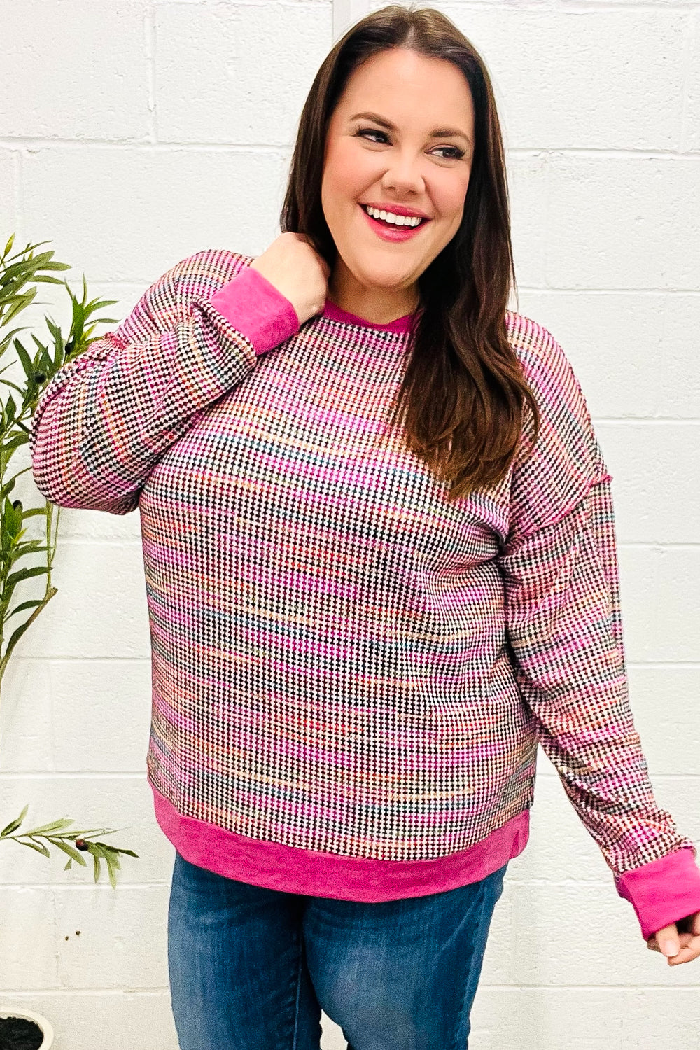 Bring Joy Magenta Multicolor Textured Waffle Knit Sweater