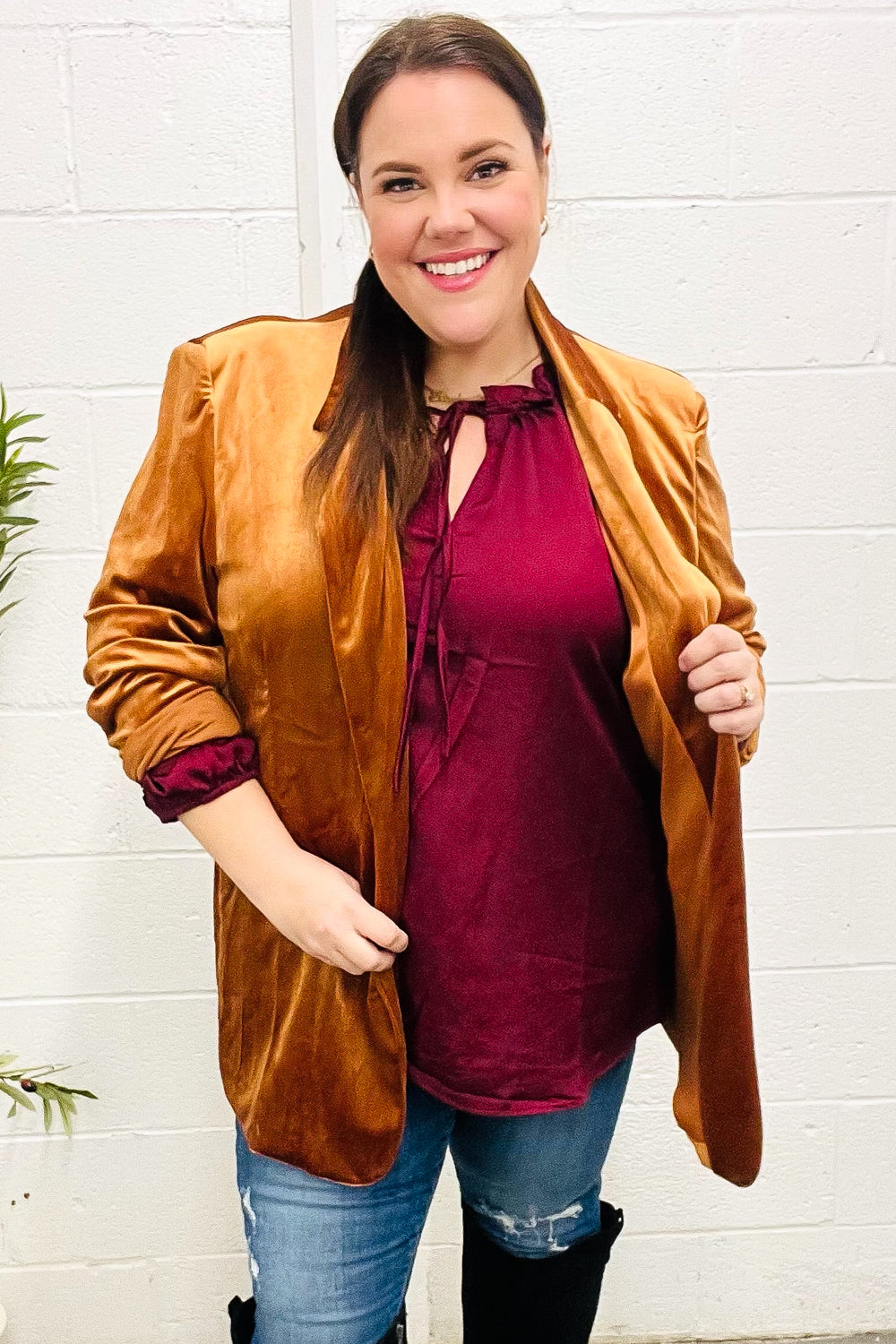 Holiday Stunner Rust Velvet Lapel Blazer