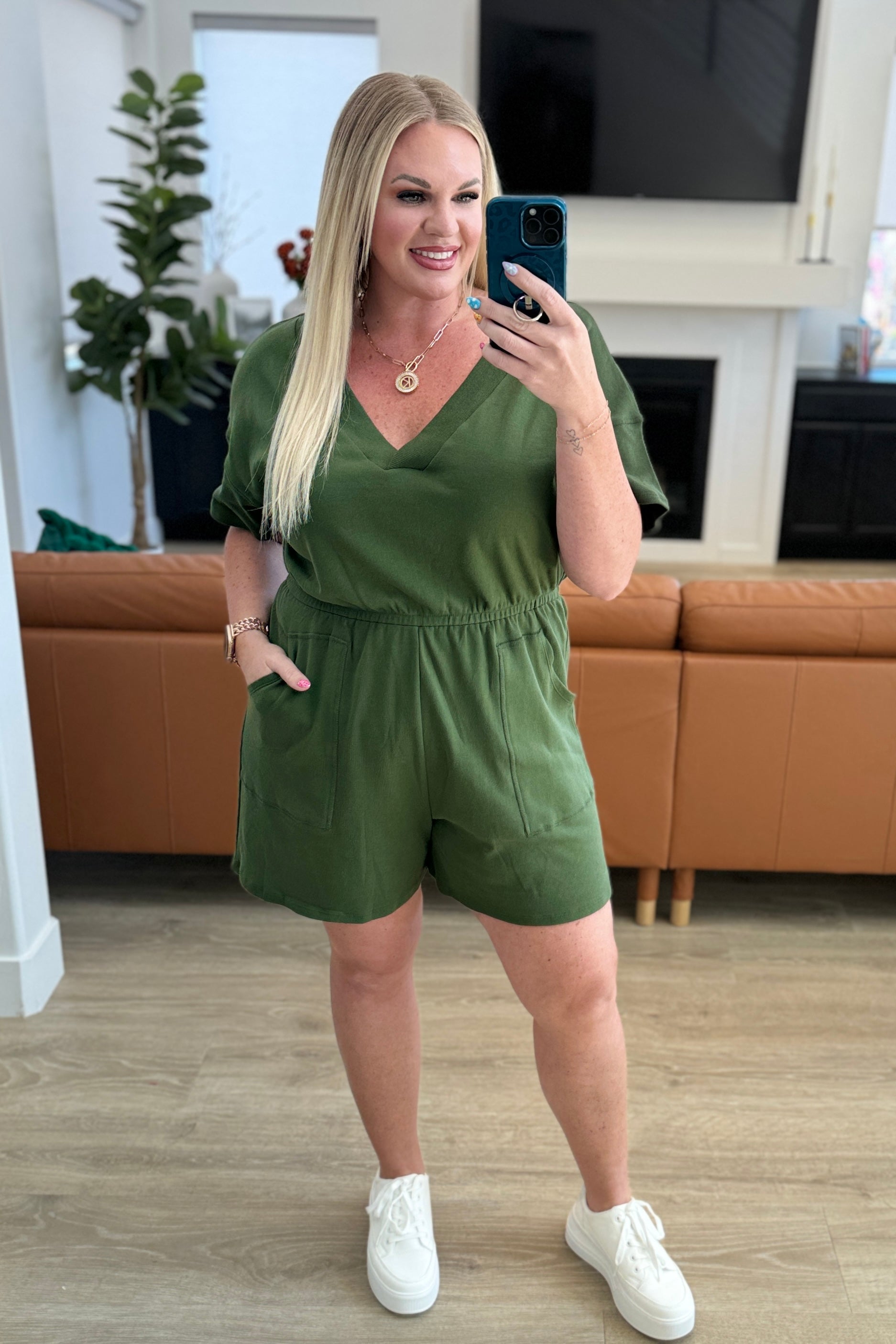 Short Sleeve V-Neck Romper in Army Green - Shop All Around Divas