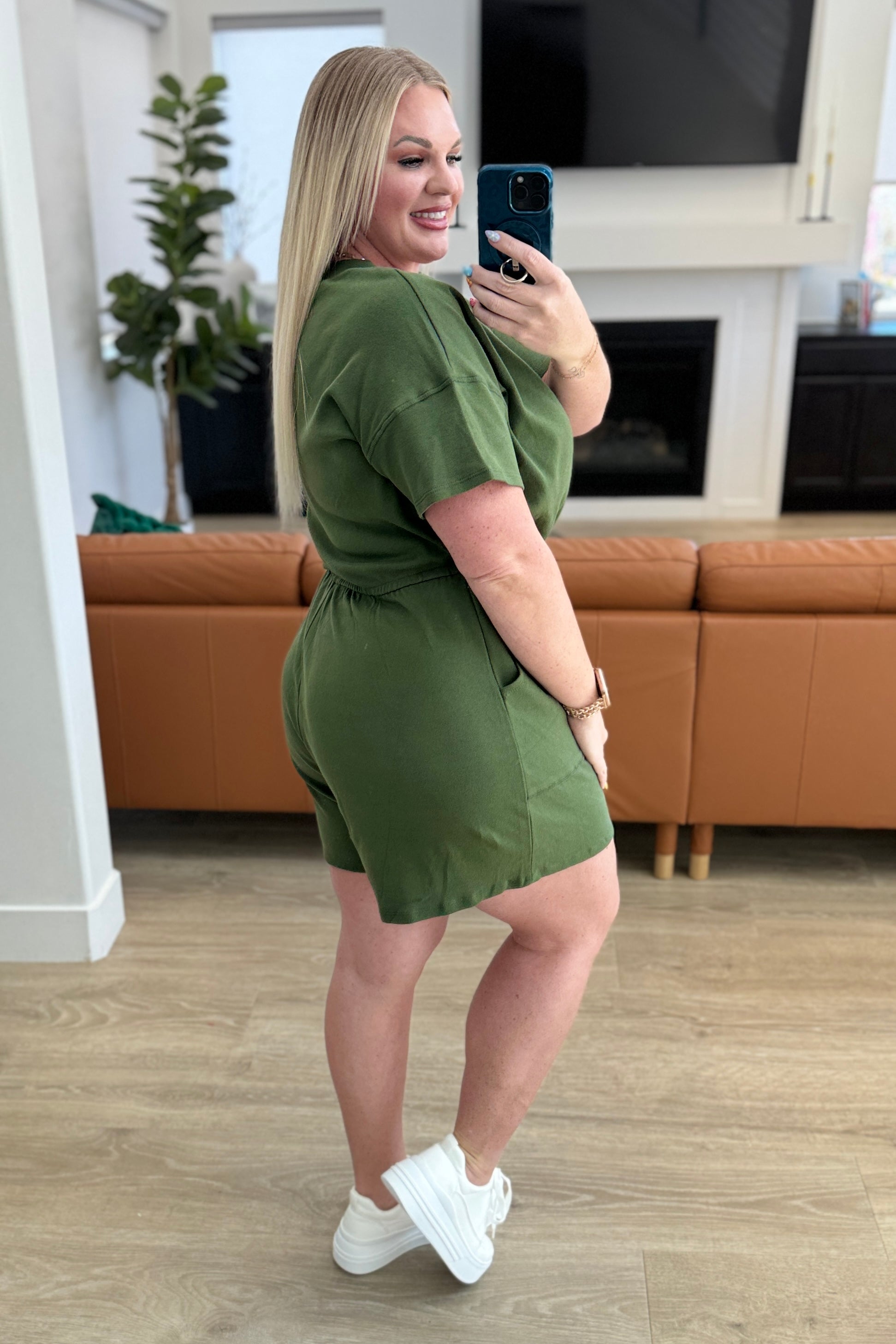 Short Sleeve V-Neck Romper in Army Green - Shop All Around Divas