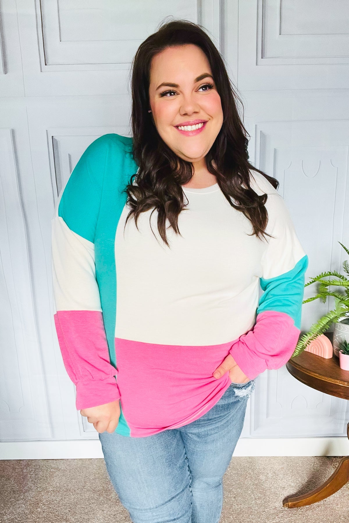 The Slouchy Mint & Pink Drop Shoulder Terry Color Block Top