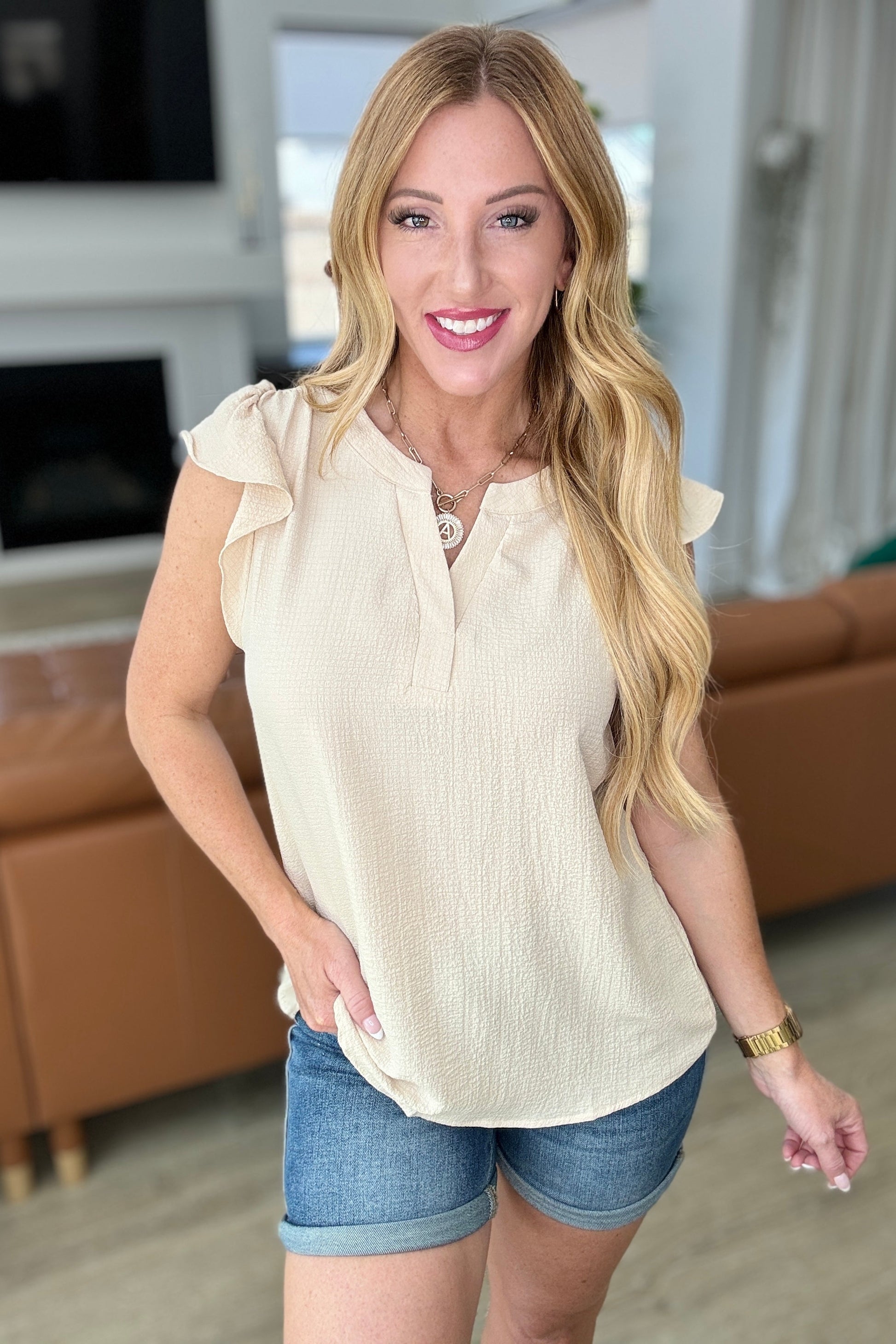 Crinkle Split Neckline Flutter Sleeve Top in Taupe - Shop All Around Divas