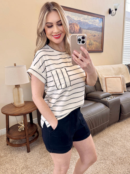 Ivory and Black Striped Ribbon Knit Top
