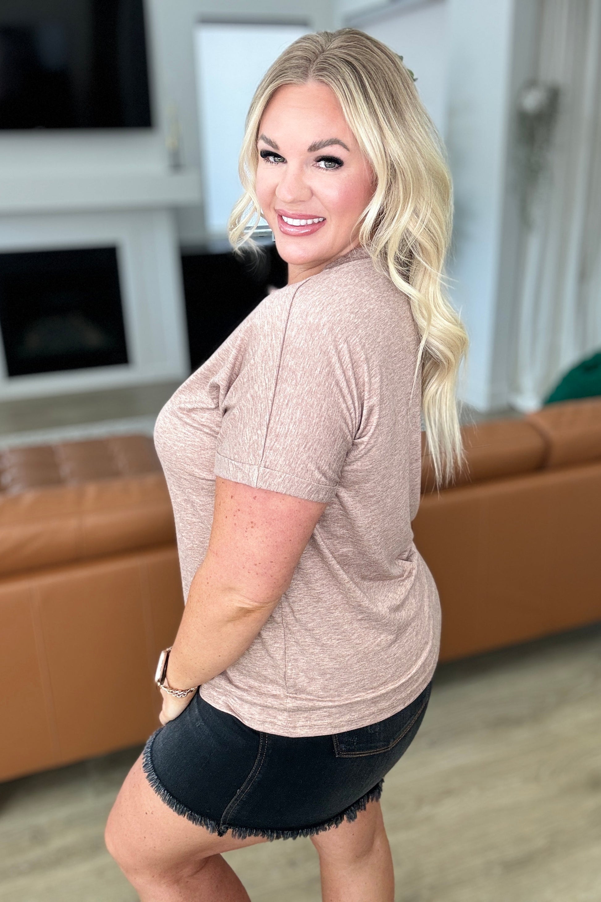 Almost There V-Neck Henley Top In Taupe - Shop All Around Divas