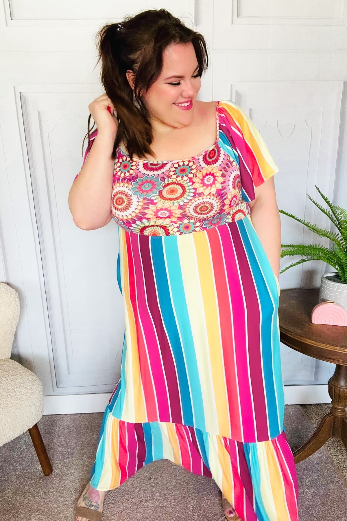 Feeling Bold Fuchsia & Teal Striped Medallion Crochet Print Dress Haptics